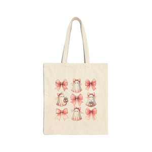 Coquette Bow Halloween Tote Bag| Cute Pink Ghost Halloween Canvas Tote| Trick or Treat Goodie Gift Bag| Kids Trendy Candy Basket| Kid Gift