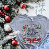 Silent Nights? Not in Healthcare Shirt | Nurse Christmas T-Shirt | Festive Holiday Tee with Lights, Holly & Bow | Medical Field Gift Idea