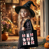 Coquette Bow Halloween Tote Bag| Cute Pink Ghost Halloween Canvas Tote| Trick or Treat Goodie Gift Bag| Kids Trendy Candy Basket| Kid Gift