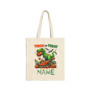 Personalized Dinosaur Trick or Treat Bag| Kid Halloween Candy Basket| Spooky Saurus Rex Canvas Tote Bag| Mummy Dinosaur Skeleton Candy Bag