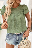 Perfee Printed Round Neck Puff Sleeve Blouse