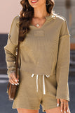 Exposed Seam Long Sleeve Top and Drawstring Shorts Set
