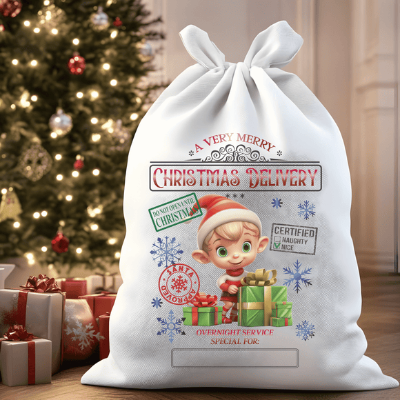 A Very Merry Christmas Delivery Elf Santa Sack
