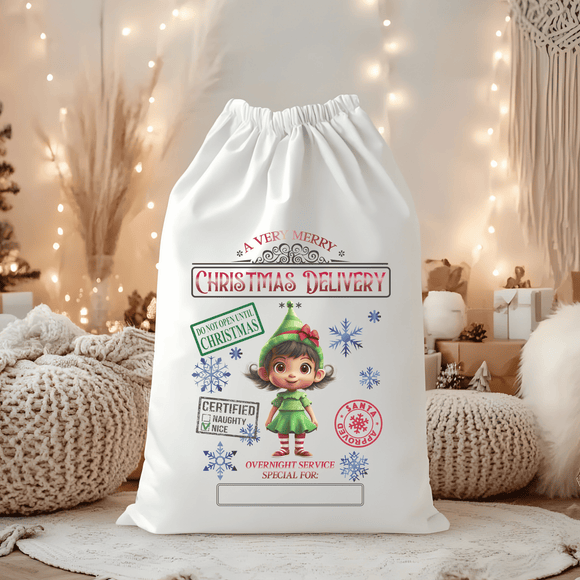 A Very Merry Christmas Delivery Green Elf Girl Santa Sack
