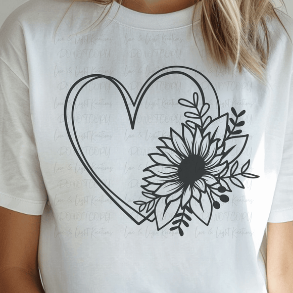 Black Doodle Heart with Sunflower