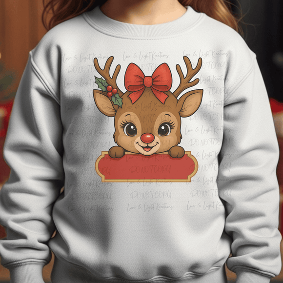 Cute Girl Reindeer with Bow and Red Sign