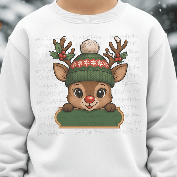 Cute Green Hat Red Nose Reindeer with Sign
