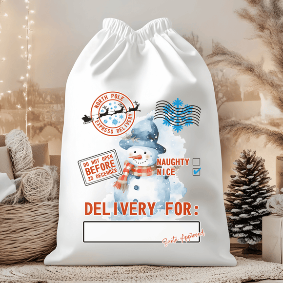 Delivery for Black Hat and Red Checkered Scarf Snowman Nice List Santa Sack