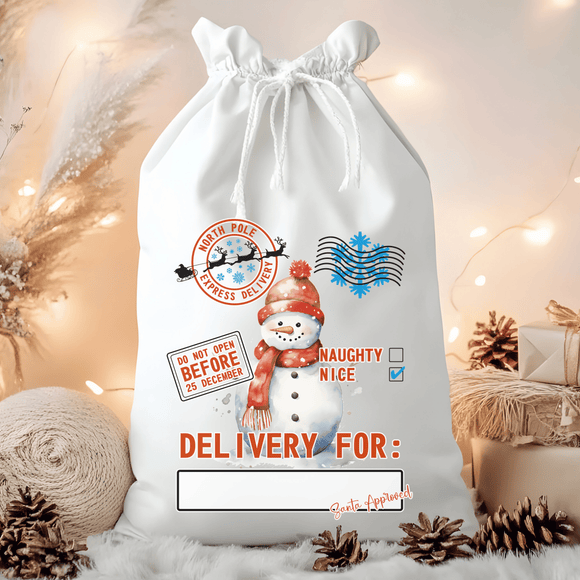 Delivery for Red Scarf and Hat Snowman Nice List Santa Sack