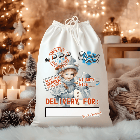 Delivery for with Girl and Snowman Nice List Santa Sack