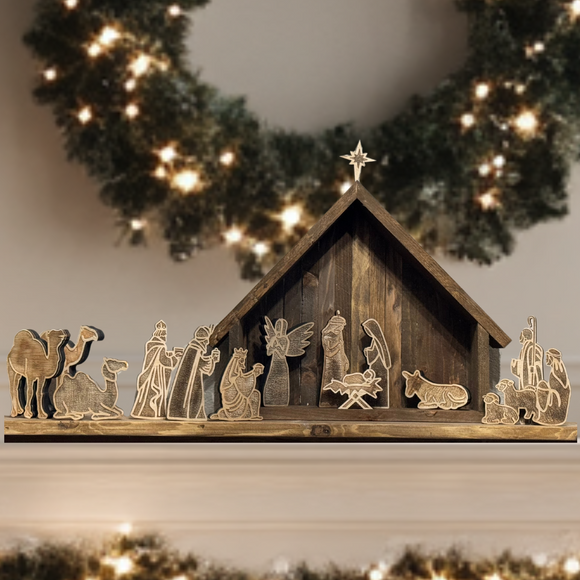 Engraved Nativity Set with Stable| 14-Piece Handcrafted Wooden Décor| Laser-Cut Christian Christmas Scene| Unique Holiday Gift Idea