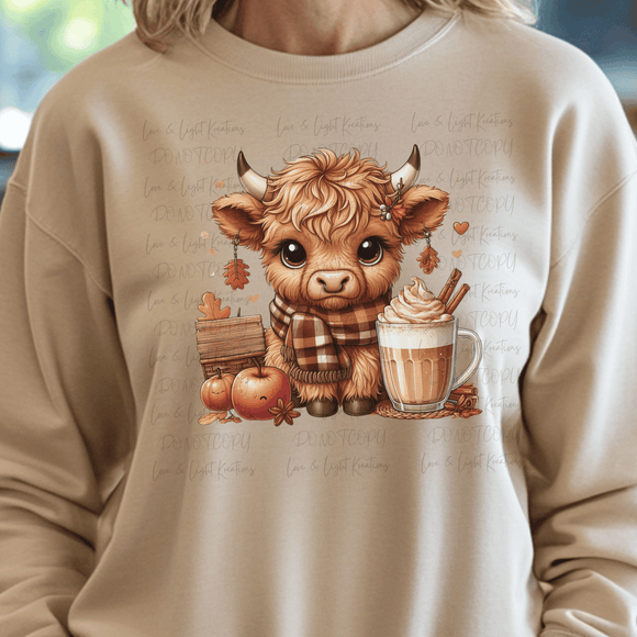 Fall Highland Cow with Coffee