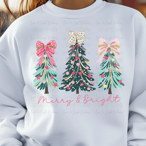 Faux Glitter Preppy Merry and Bright Christmas Trees