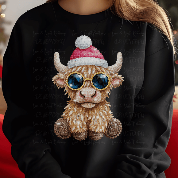 Faux Rhinestone Christmas Highland Cow