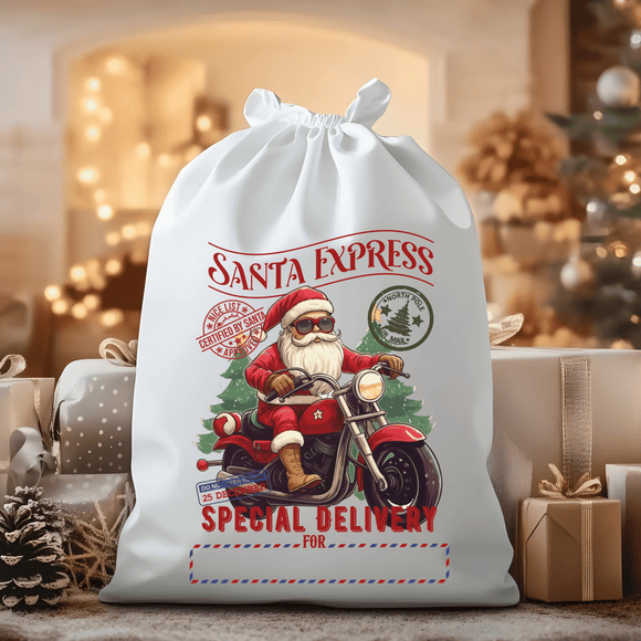 North Pole Express Red Motorcycle with Trees Santa Sack