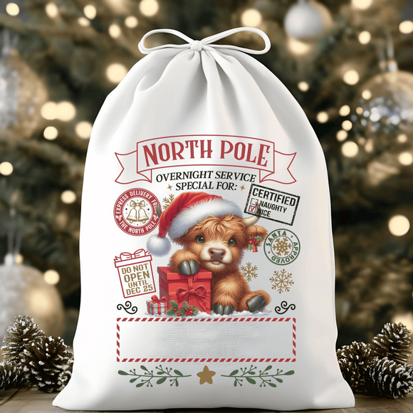 North Pole Overnight Service Special Highland Cow Santa Sack